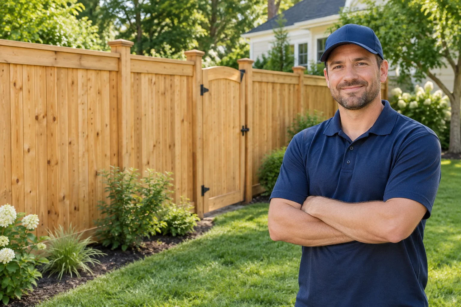Fence professional beside a cedar privacy fence