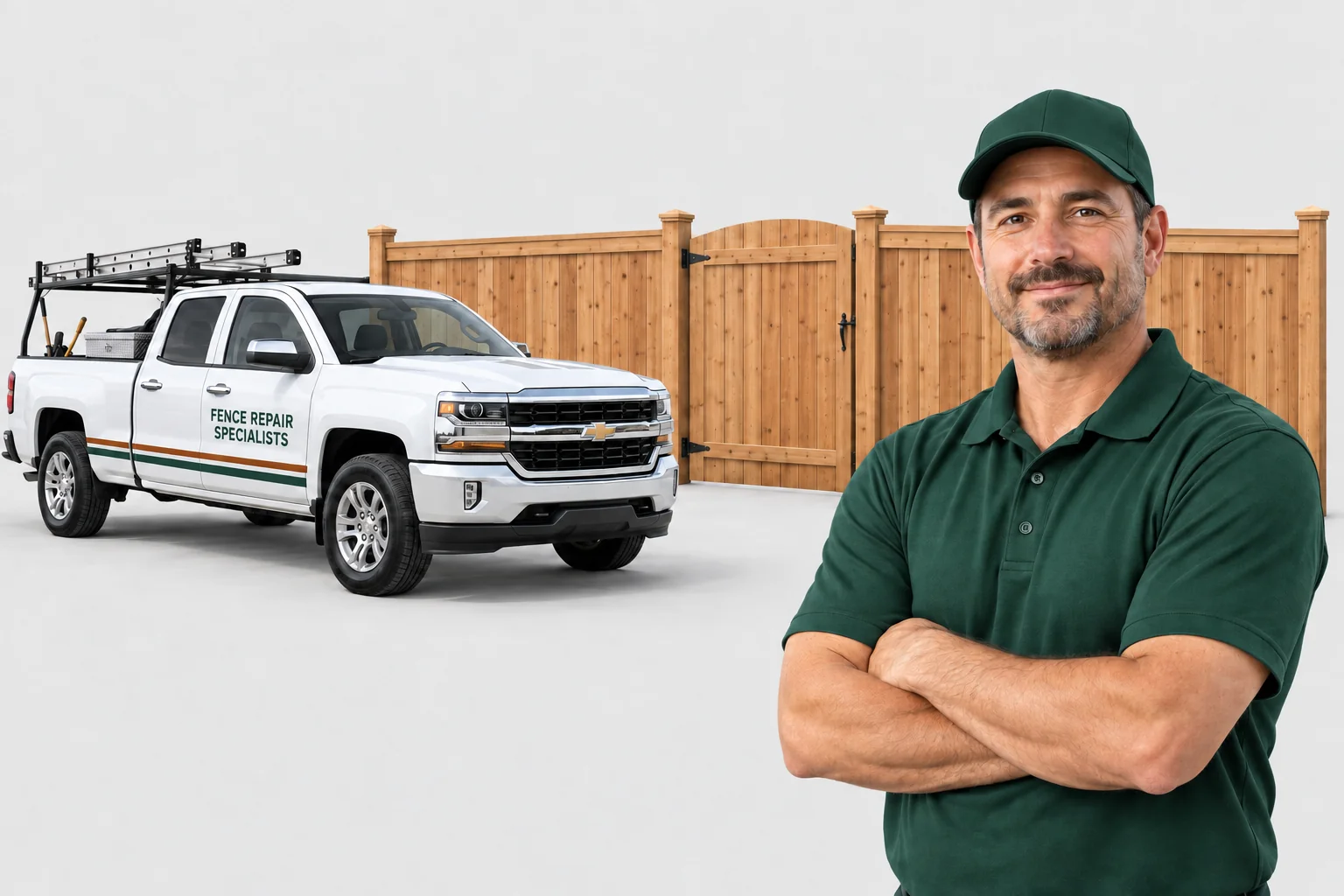 Fence service pickup, cedar fencing, and a technician in forest green workwear