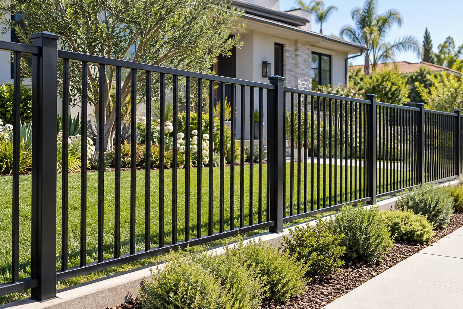 Black aluminum fence along a landscaped property