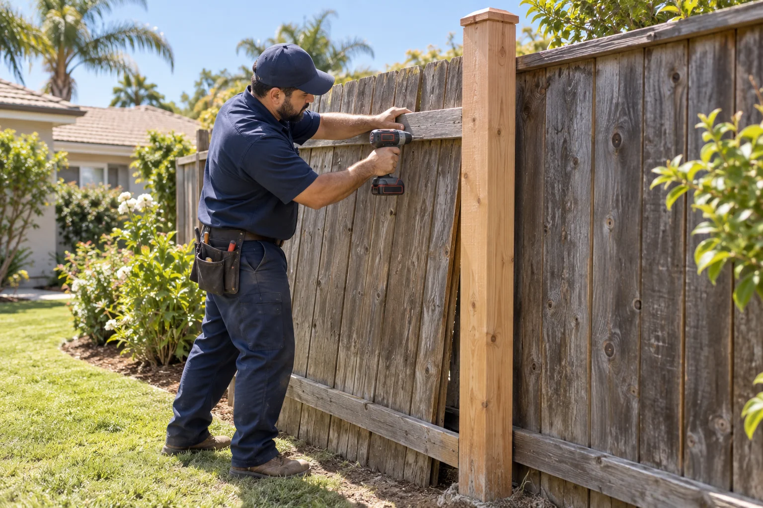 A worker repairing a leaning wood fence and support post