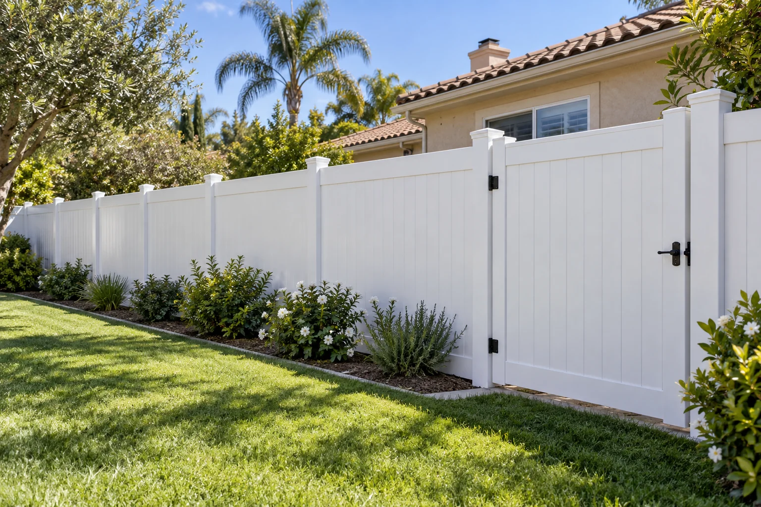 White vinyl privacy fence and gate around a lawn