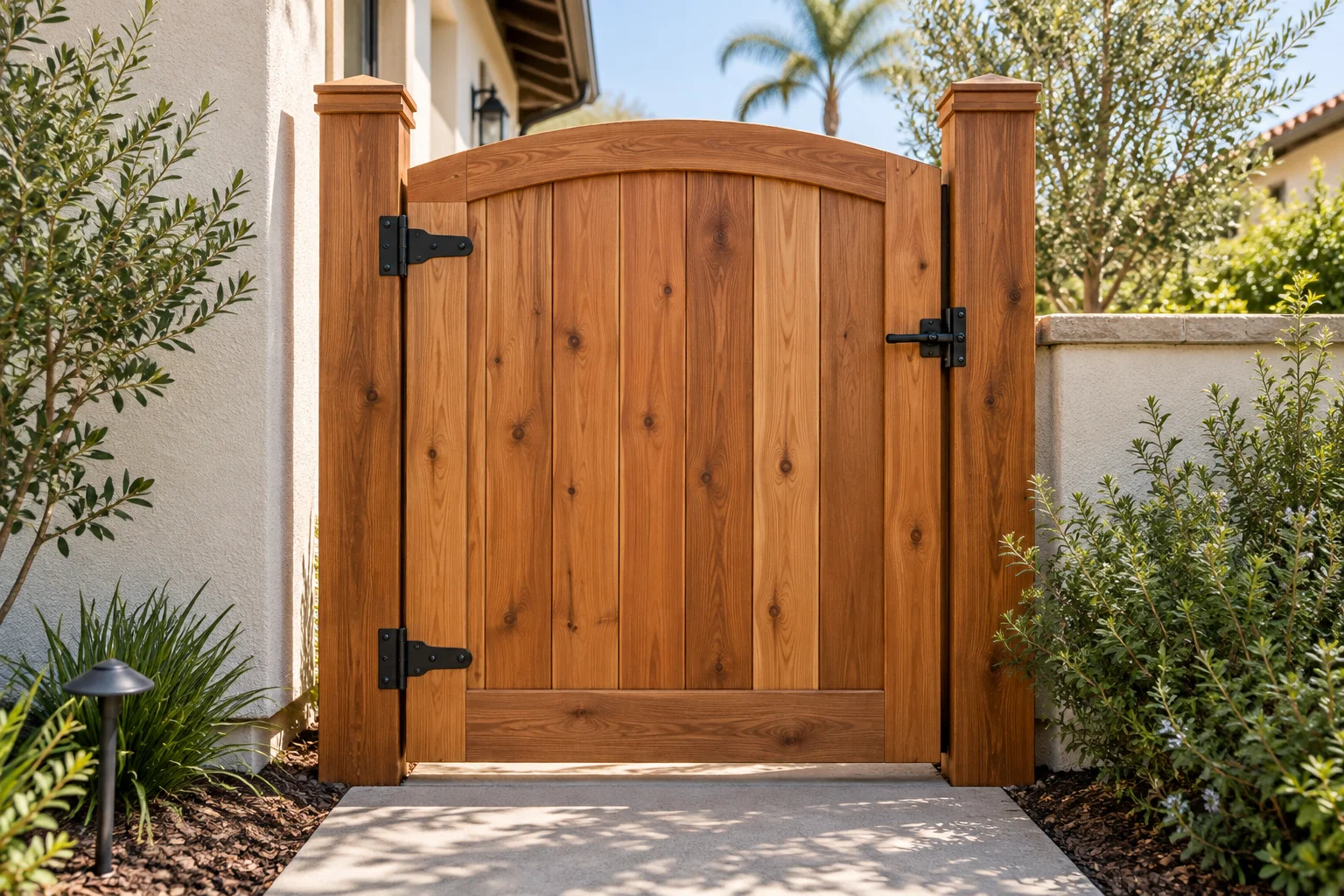 Cedar pedestrian gate with sturdy posts and black hardware